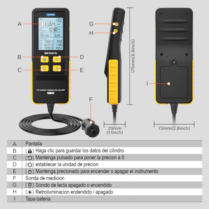 AUTOOL PT610 | Compresómetro Digital Inteligente y Medidor de Presión de Cilindros Automotriz (0-30 Bar / 426 PSI)